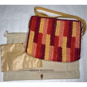 Helen Kaminski Raffia Woven Crossbody Bag Leather Strap Striped Boho